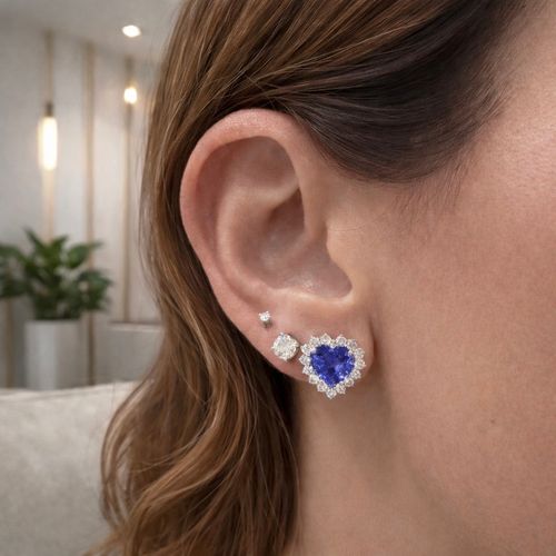 Brinco tanzanita coração 3,50cts e brilhantes